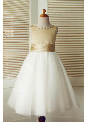 Beaded Neck Champagne Satin Ivory Tulle Wedding Flower Girl Dress